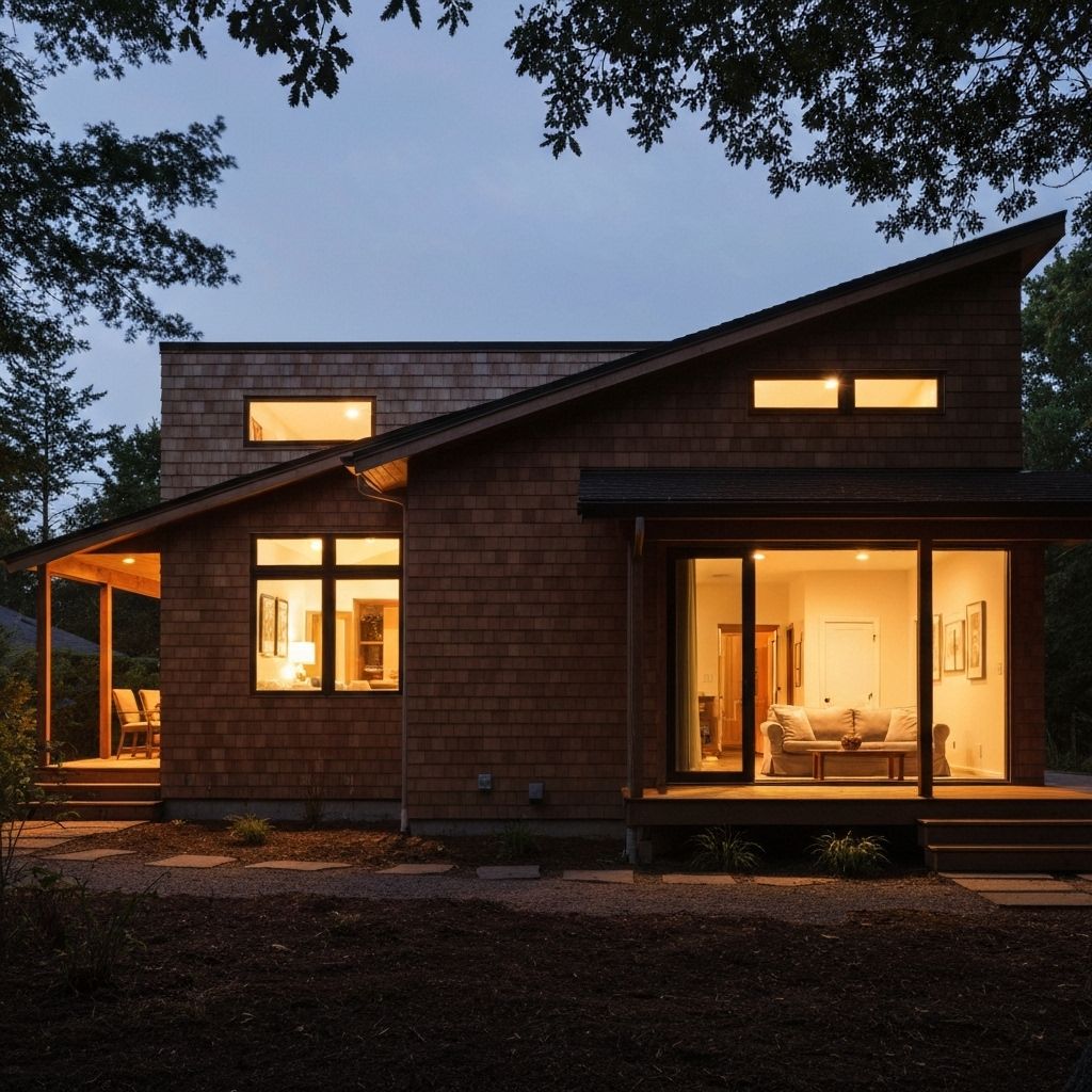Warm wood exterior home with large windows at dusk